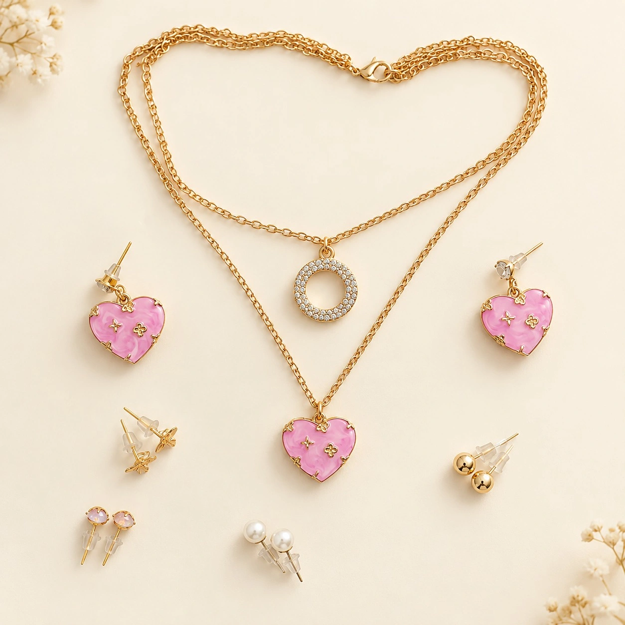 Pink Heart Pendant Jewelry Set